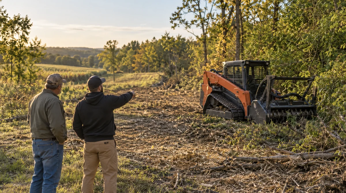 Two people beside a mulched woodland track with an orange tracked loader at sunset